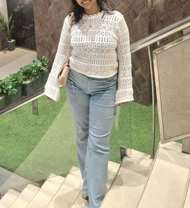 Crochet Knit Top & Blue Pants