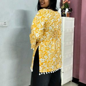 Yellow Floral Kurta with Pom Po