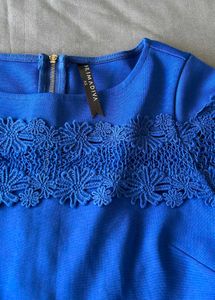 Blue Lace Detail Cap Sleeve Dress