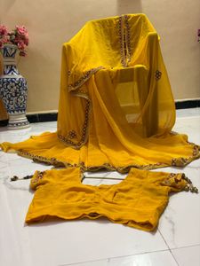 Vibrant Yellow pearl work  Saree