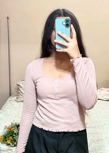 Cute Pink Ribbed Long Sleeve Top