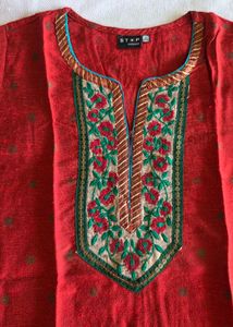 Red Printed Kurta with Embroidered Neck