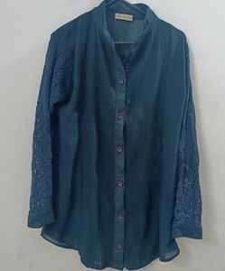 Navy Blue Shirt Dress With Lacy Sleeves