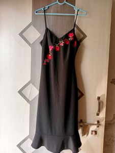Floral Embroidered Black Midi Dress