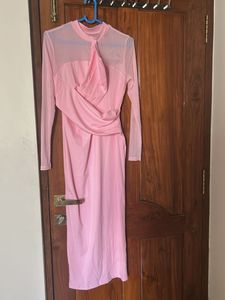 Pink Mesh Detail Midi Dress
