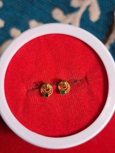 Gold Tone Stud Earrings with Green Stones