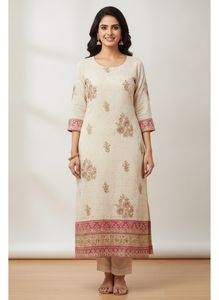 Embroidered Cream Kurta Suit