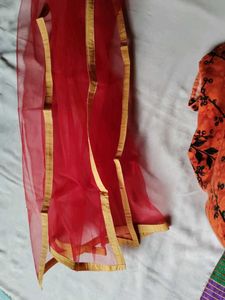 Red Net Dupatta with Golden Border