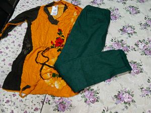 Yellow Floral Kurta with Green Pants
