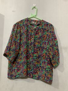 Colorful Floral Print Button-Up Blouse