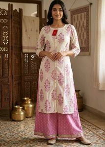 Elegant White &amp; Pink Floral Kurta Set