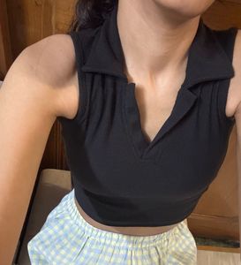 Sleek Black Collared Crop Top