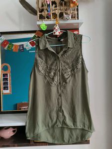 H&M Olive Green Lace Panel Sleeveless Top