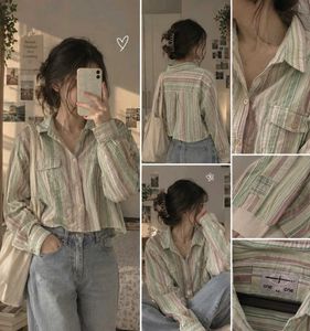 Striped Cropped Button-Up Shirt