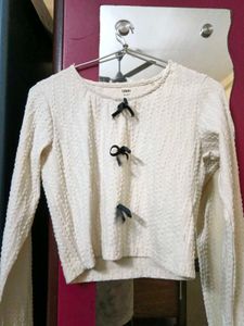 Cream Textured Cropped Top with Bows