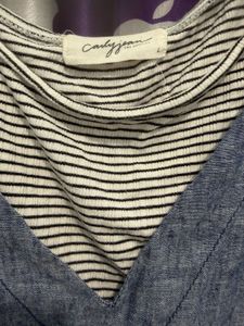 Cute Blue Linen Jumpsuit w/ Striped Tee