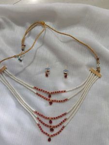 Elegant Red & White Beaded Necklace Set
