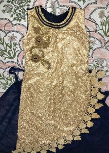 Elegant Gold Lace &amp; Navy Blue Dress