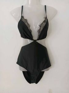 Black Lace Trim One-Piece Swimsuit