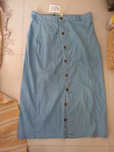 Sassafras Wash Denim Button-Front Midi Skirt
