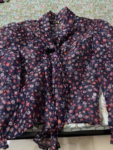 Floral Print Sheer Blouse with Neck Tie. Worn only