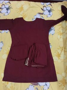 Maroon Kurta Set with Embellished Neckline