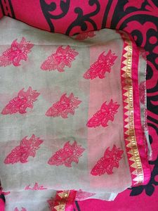 33.Grey Dupatta with Pink Floral Print