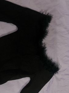 Black Fur Trimmed Bell Sleeve Top