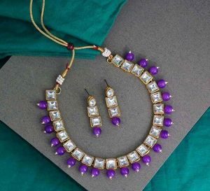Elegant Kundan Necklace Set - Purple