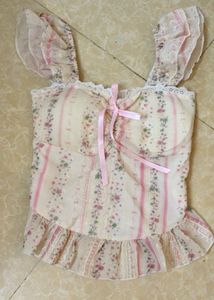 Floral Print Corset Top with Lace Trim