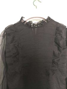 Sheer Black Ruffled Neck Blouse