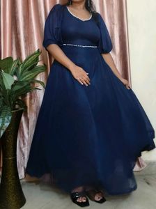 Elegant Navy Blue Gown with Pearl Embellishments