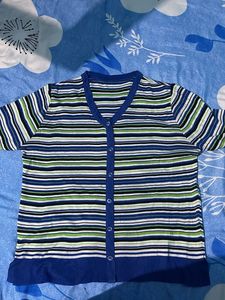 Striped V-Neck Button-Up Top
