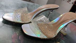 Transparent Chunky Silver Shining Sparkling Heels
