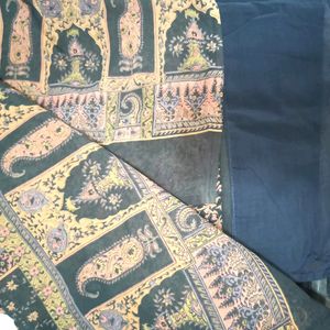 Navy Blue Printed Saree Blouse Petticoat Set