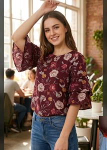 Maroon Floral Print Bell Sleeve Top