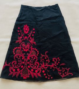 Vintage Black A-Line Skirt with Red Floral Embroid