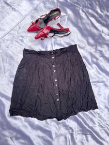 Black Textured Button-Up Skirt