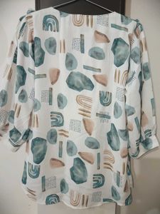Abstract Print Ruffle Neck Top