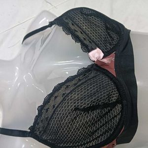 Elegant Black🪔 Lace Bra with Pink Bow