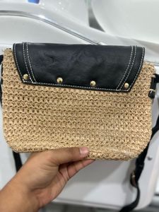 Straw &amp; Faux Leather Crossbody Bag