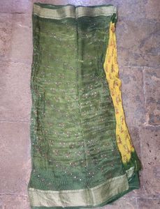 Vibrant Yellow &amp; Green Block Print Saree