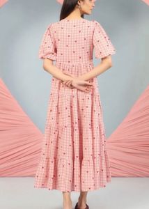Cute Pink Heart Print Tiered Midi Dress