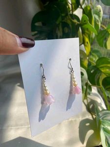 Cute Pink Flower Pearl Dangle Earrings