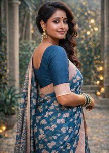 Beautiful Blue Floral Zari border Linen Saree