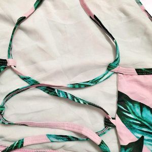 Pink Leaf Print Bikini Top