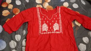 Red Kurta with Peacock Embroidery