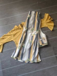 Yellow Mustard Kurta Set with Striped Skirt
