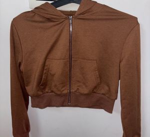Brown Cropped Zip-Up Hoodie