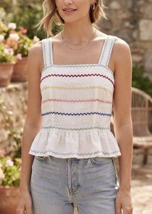 White Embroidered Ruffle Tank Top